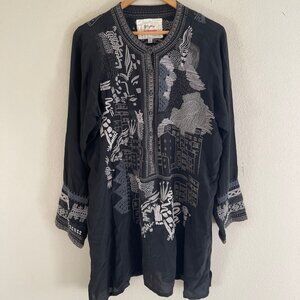 JOHNNY WAS 100% Silk Black, White & Grey Embroidered Tunic: Size MEDIUM; NWOT!